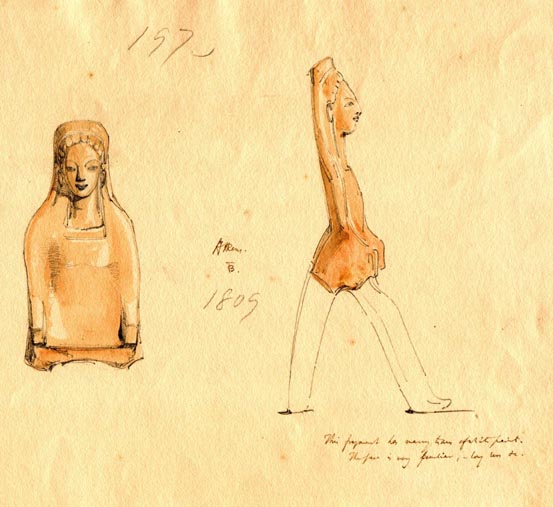 197, terracotta figurine, 2 views, female figure dressed in headress
